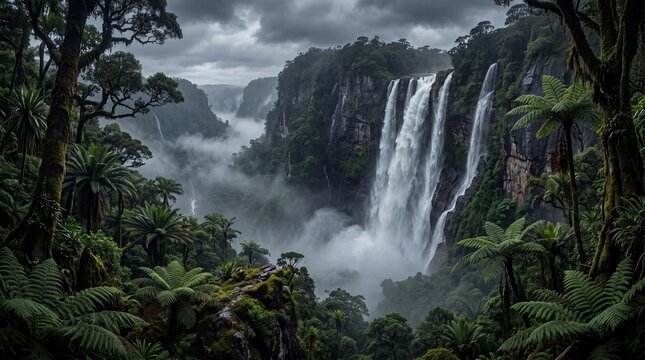 Majestic Tropical Waterfall in Lush Rainforest Jungle with Mist