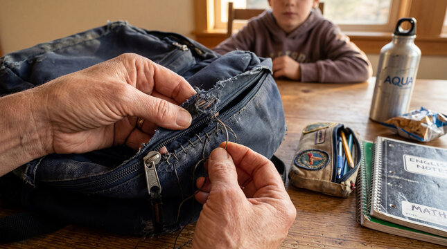 Patient hands carefully stitch a beloved backpack while a young boy watches, learning the value of repair and resourcefulness in their home