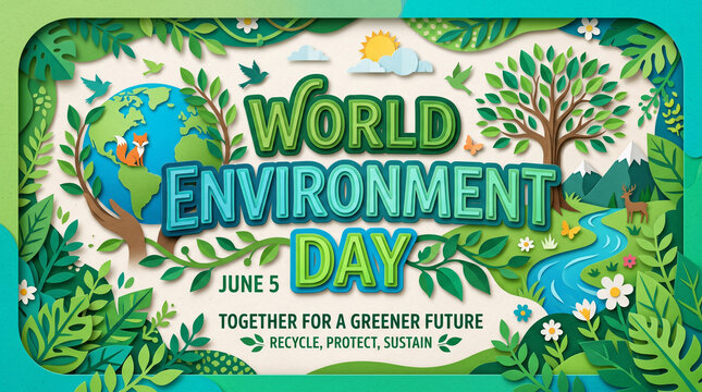World environment day poster with green leaves and globe on a colorful background