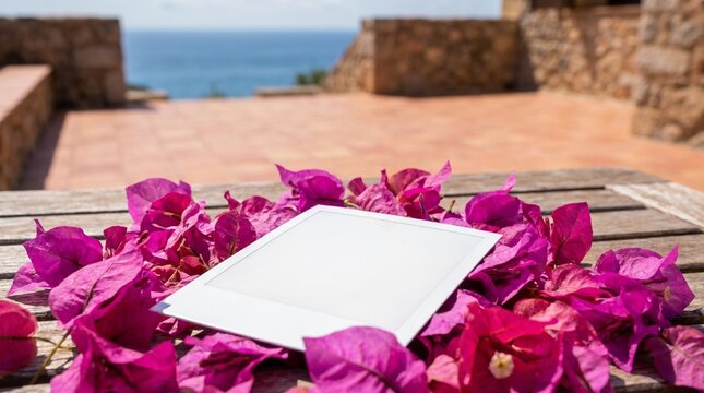 Blank square paper with pink bougainvillea petals on wooden table sea