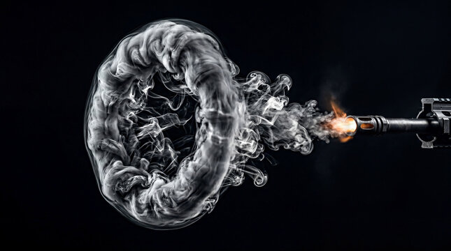 Gun muzzle flash with smoke ring vortex on black background