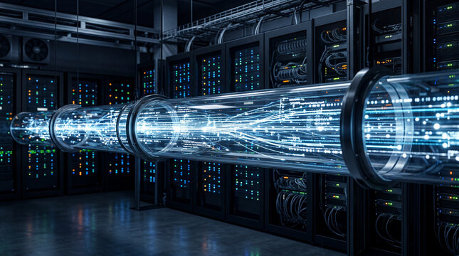 High Tech Data Center with Fiber Optic Light Trails in Glass Pipe