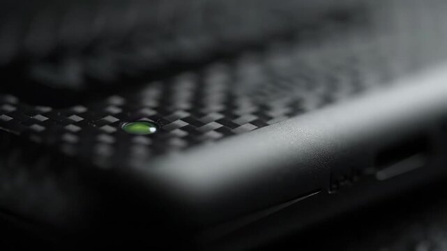 Fintech green LED light device gadget indicator carbon textured black surface closeup modern sleek pattern glowing tactile finish macro futuristic