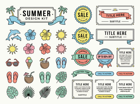 Summer Design Kit with Tropical Icons, Sale Badges, Banners and Marketing UI Elements