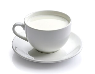Obraz premium A close-up studio shot shows a filled white teacup on a matching saucer. The liquid appears milky and sits above the cup's brim. The background is white