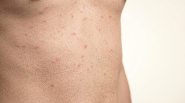 Small red papules and rash on male torso representing viral exanthema or drug eruption