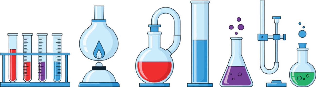 Laboratory glassware set chemistry equipment test tubes flasks and measuring cylinders vector illustration scientific experiment tools for education design