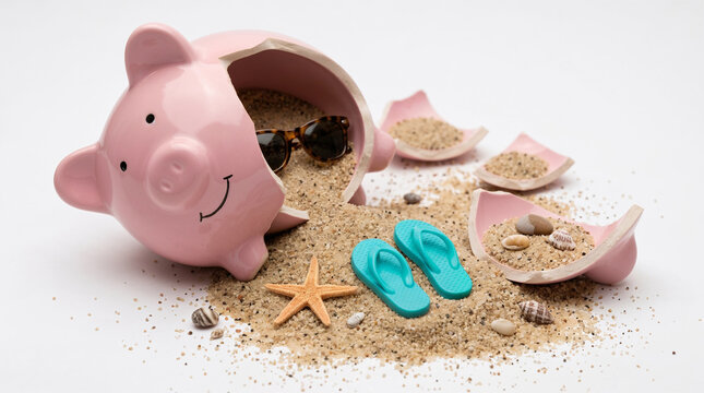 roken Piggy Bank Spilling Sand with Summer Objects &ndash; Vacation Spending Concept