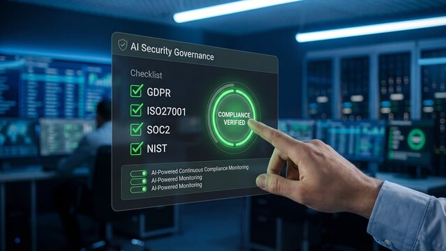 AI security governance checklist completion, a hand interacting with a futuristic screen verifying compliance with AI regulations like GDPR and NIST