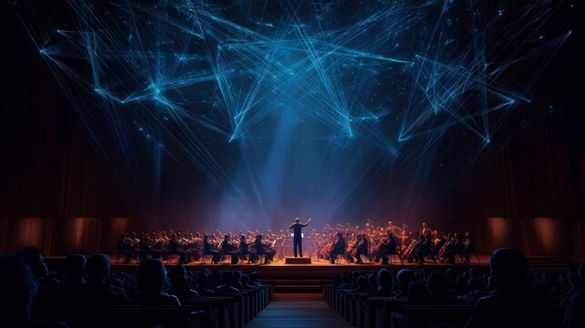 Large orchestra performs in concert hall with light display and audience in evening setting