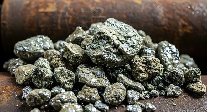 A pile of nickel ore with a rough texture sits on a rusty surface near a large rusty pipe