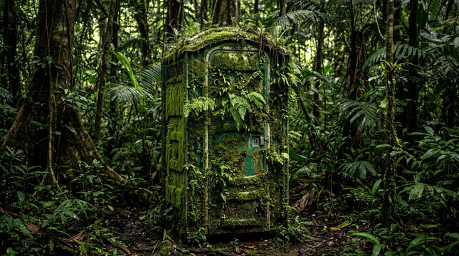 Abandoned Portable Toilet Covered in Moss in Dense Tropical Rainforest