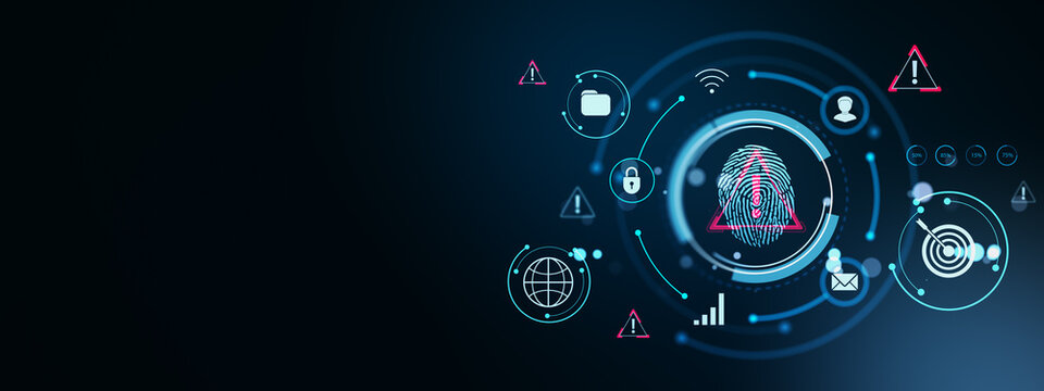 Digital fingerprint security interface with futuristic tech elements on dark background showing biometric access alerts and technology symbols. 3D Rendering