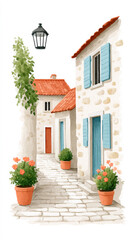 Fototapeta premium Quaint mediterranean village alley with stone houses and colorful shutters