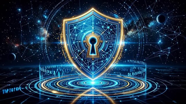 Digital shield with binary code in space representing smart infrastructure and connectivity