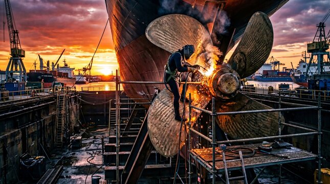 Industrial Ship Propeller Welding Maintenance During Sunset at Shipyard
