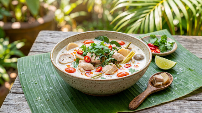 Authentic Thai Coconut Chicken Soup Tom Kha Gai in Bowl on Banana Leaf