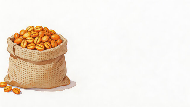 Burlap sack filled with coffee beans on white background