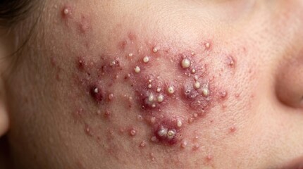 Fototapeta premium Close up of inflammatory cystic acne with whiteheads and pustules on facial cheek