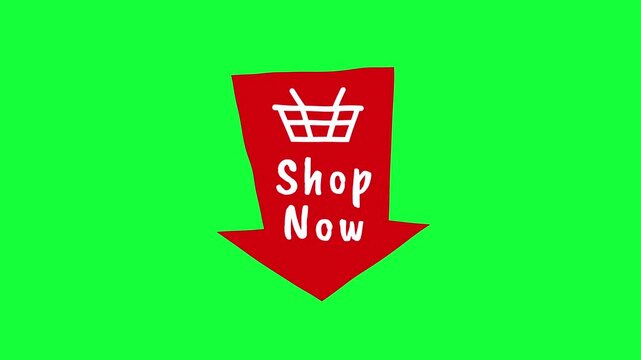 Animated Shop Now CTA button with shopping basket icon on green screen. Bouncy doodle style arrow badge for e-commerce, reels, and social media overlays. 4K.