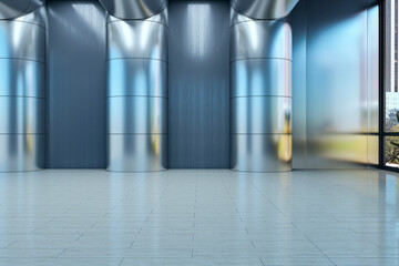 Naklejka premium Modern metallic interior room with tall reflective columns, sleek contemporary walls, and bright light creating an empty futuristic indoor space. 3D Rendering