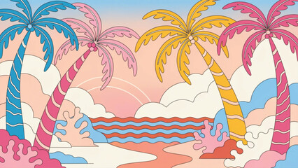 Obraz premium Pastel tropical palm trees pattern overlapping palm silhouettes background 