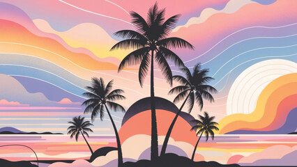 Fototapeta premium Pastel tropical palm trees pattern overlapping palm silhouettes background 