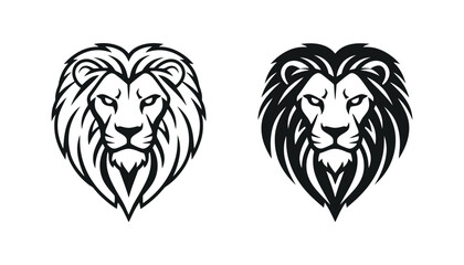 Fototapeta premium Lion head silhouette icon set featuring majestic predator design in bold black and white for logo branding and sports team mascot graphic elements