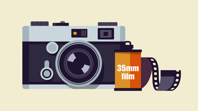 Vintage film camera with a roll of 35mm film on beige background