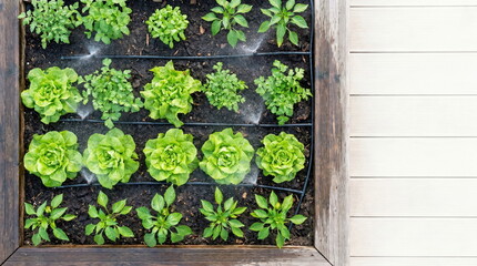 Fototapeta premium Raised garden bed with drip irrigation watering various vegetable plants in wooden planter box, sustainable home gardening.