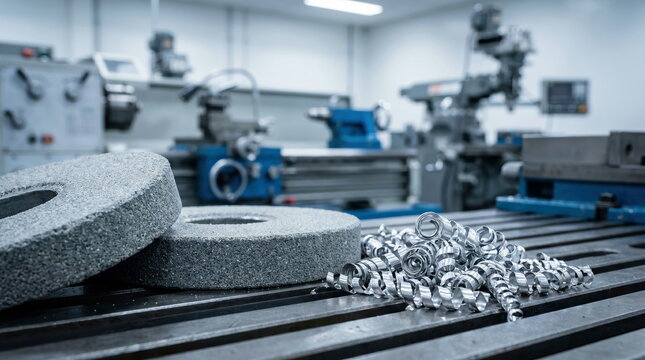 Precision grinding wheels and metal chips on workshop table, showcasing advanced metalworking and industrial production.