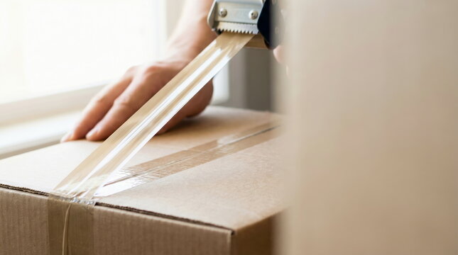 Packing hand sealing cardboard box with dispenser tape indoors, essential for moving and shipping parcels.