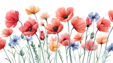 Naklejka premium Vibrant watercolor floral arrangement with poppies and cornflowers