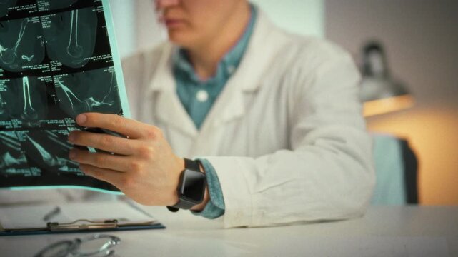 In a well-lit medical office, a doctor meticulously examines a series of MRI scans and X-ray images, searching for fracture features to inform an accurate diagnosis and effective treatment plan
