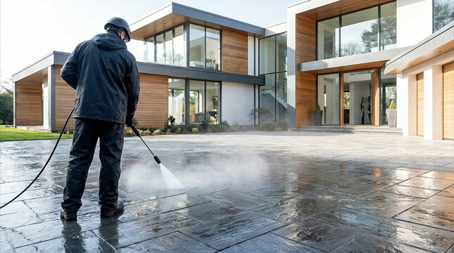 Pressure washing worker cleaning large paved patio at contemporary luxury home, residential property maintenance service.