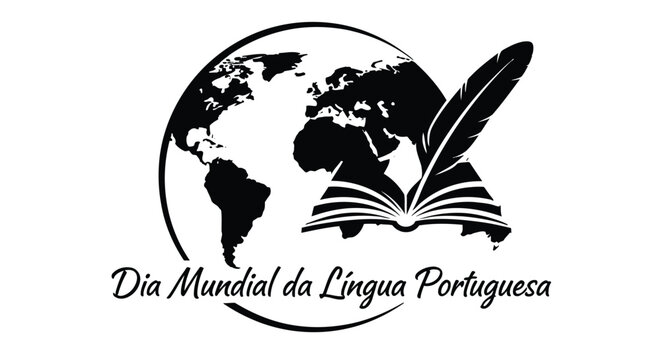 world globe with open book and feather pen on white background with text World Portuguese Language Day 
