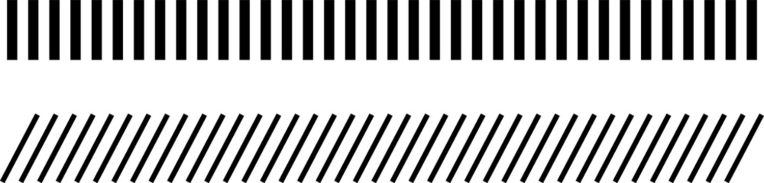 Border divider set. Slash line. Diagonal lines Border. Geometric print for caution tape or barrier. Parallel stripes. Black pattern isolated on white background vector illustration