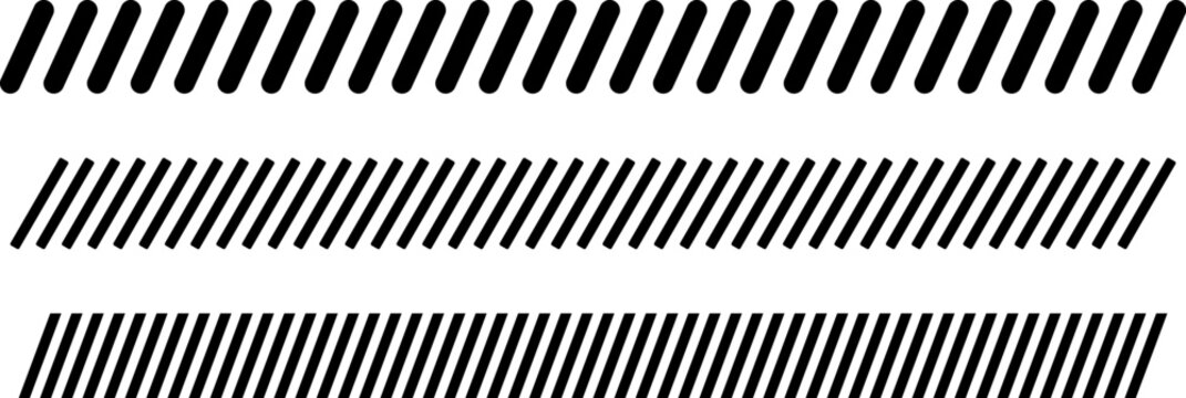 Border divider set. Slash line. Diagonal lines Border. Geometric print for caution tape or barrier. Parallel stripes. Black pattern isolated on white background vector illustration
