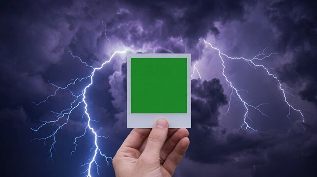 Hand holding green screen instant frame against lightning storm sky