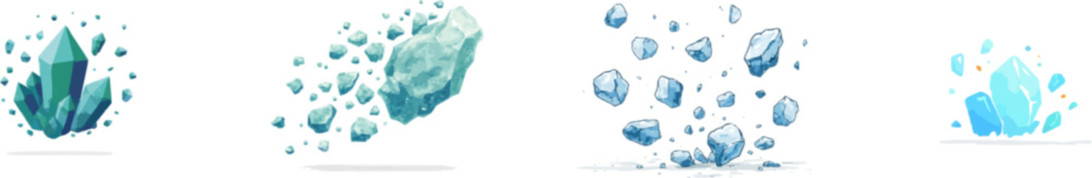 A vibrant ice crystal shatters into shards of blue and green, set against a pure white background in a clean vector illustration style