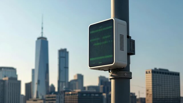 Smart traffic sensor pole with urban skyline at dusk and morning light showcasing city sensor box
