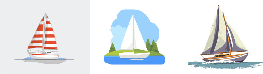 Fototapeta premium A vibrant sailboat with a striped red and white sail glides gracefully across the water in this flat vector illustration, showcasing clean sharp edges against a pure white background