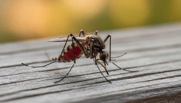 Macro close-up of wild fly fauna mosquito with blood filled abdomen on wood for mosquito season health concept during summer outdoors with soft bokeh