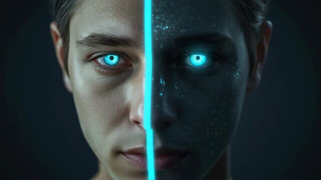 Glowing eye neon light split face cyberpunk futuristic portrait with cyan and blue cybernetic stare