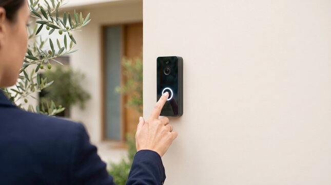 Smart doorbell button pressed by hand at modern home entrance, secure property access concept.