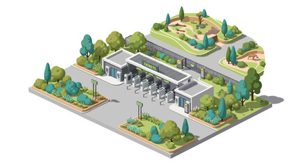 Obraz premium Isometric vector illustration of a zoo entrance featuring animal character icons and a modern design, set against a clean white background, creating a playful and educational scene