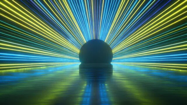 Abstract futuristic neon light tunnel with glowing laser beams radiating from central dark sphere over reflective floor creating dynamic visual background for electronic music production.