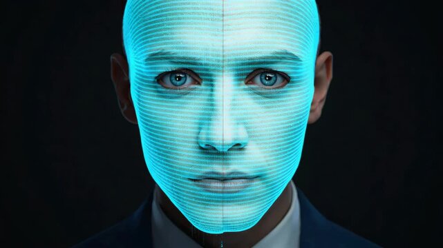 Futuristic cyan neon facial scan biometric overlay portrait merging glowing scan, split face