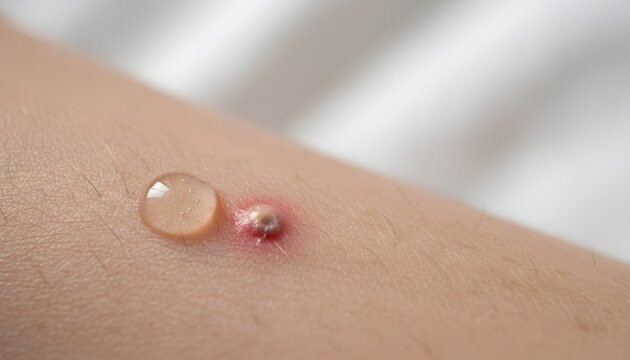 Close up color image of itchy bug bite skin with clear drop during mosquito season for dermatology healthcare concept and medical treatment illustration