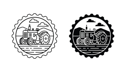 Tractor on a farmland field in a circular vintage badge style icon set in outline and solid black for agricultural branding isolated on white background © Azure